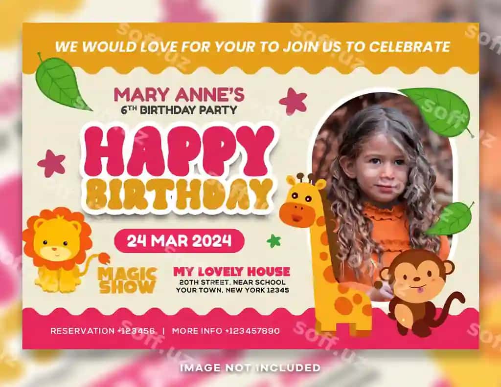 Bolalar tug'ilgan kun taklifnoma kartasi psd | Kids birthday invitation card psd