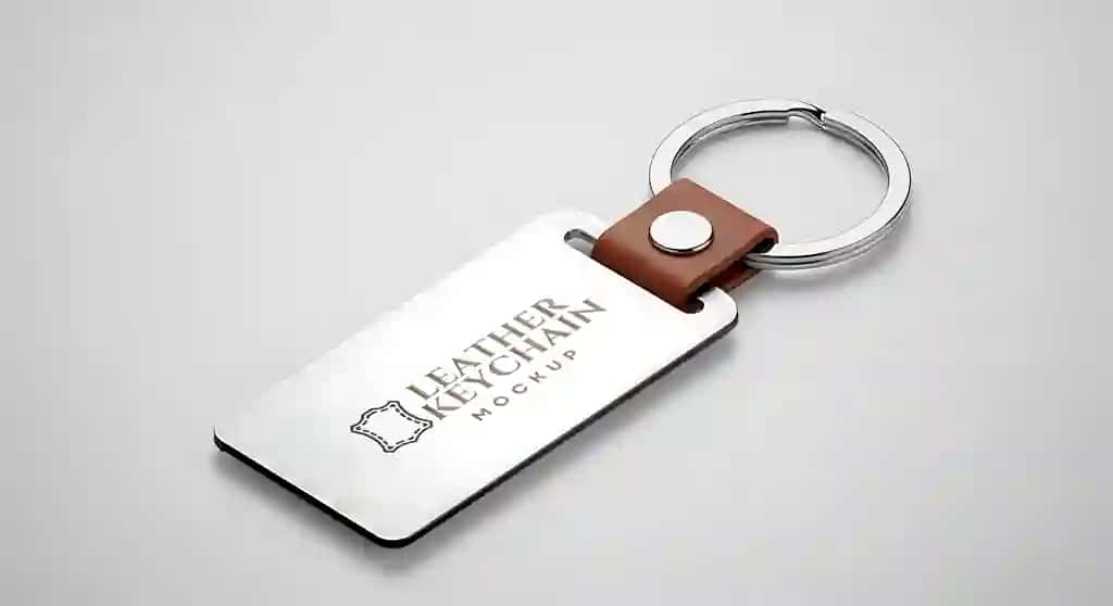 Nafis kumushrang jigarrang charmdan o‘yilgan detallar bilan brelok maketi | Elegant silver brown leather keychain mockup with engraved detail