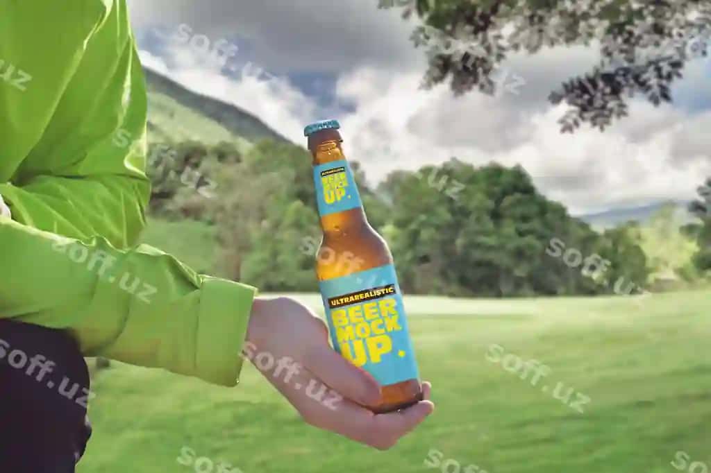 Cho'g'irma orqa fonda pivo mockup | Mountain background beer mockup