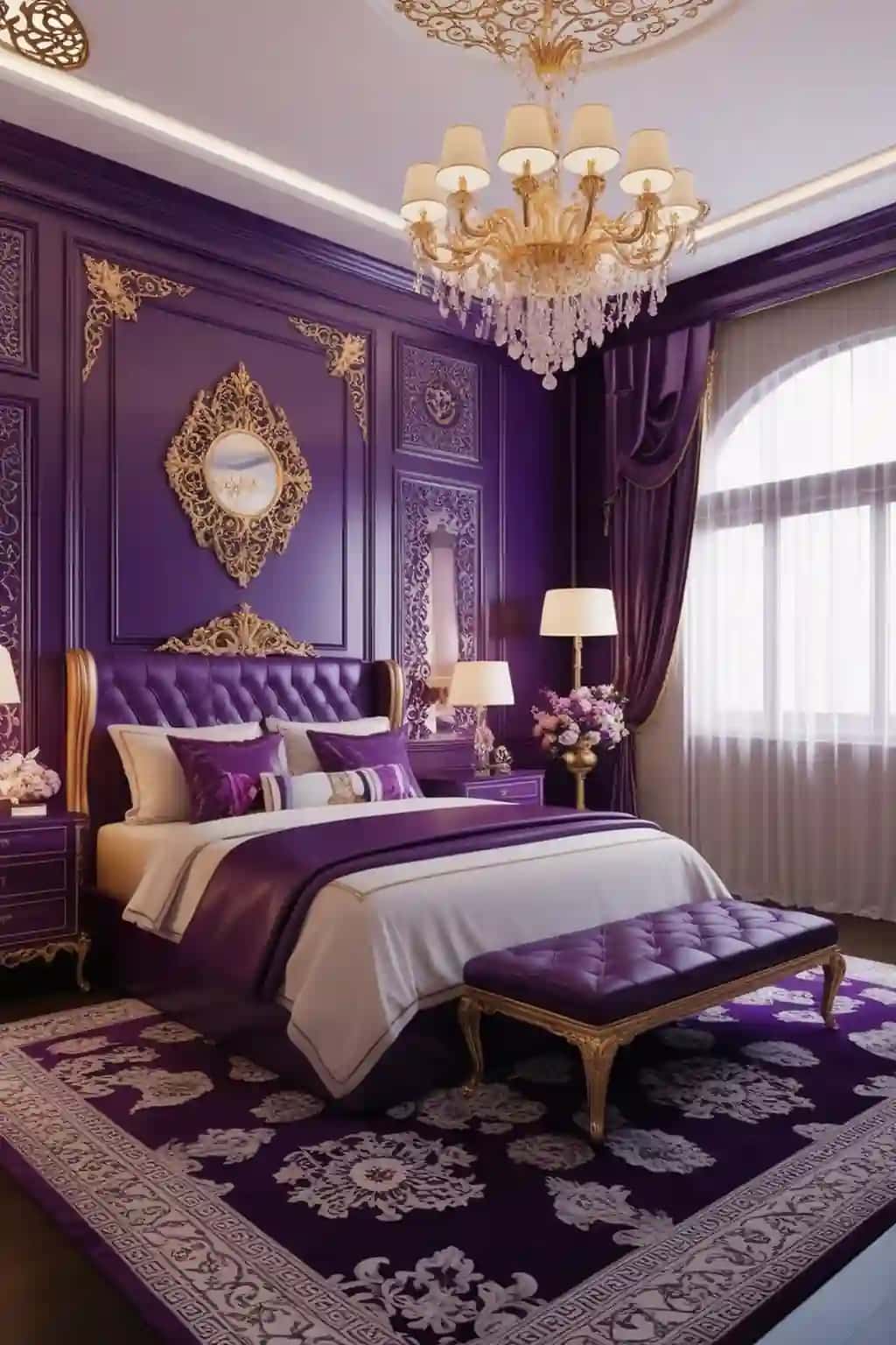 Qandilli qandilli binafsha yotoq xonasi | Purple bedroom with chandelier chandelier