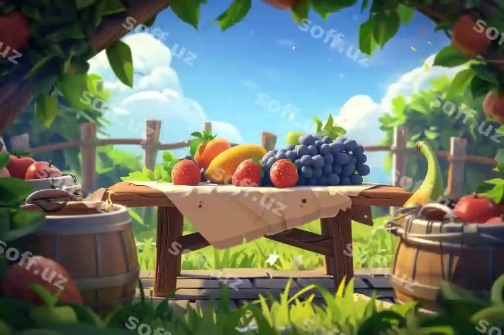 Rangli meva yog'ochli stolda joylangan, boyevoy yashil bog | Colorful fruits displayed wooden table lush green garden