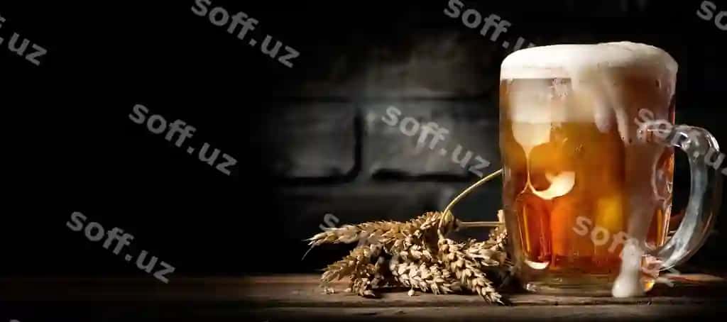 Pivchli qozon yog'och stol gerbovli devor yonida | Beer mug wooden table near brick wall