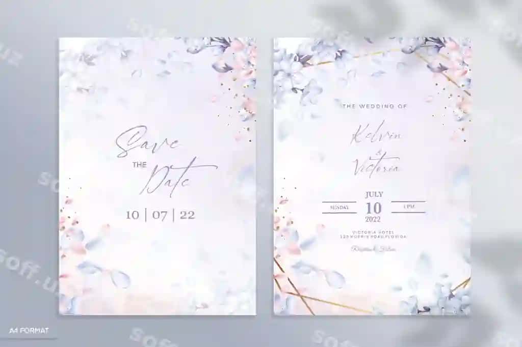 Moviy gulli ikki tomonlama to'y taklifnomasi shabloni | Double sided wedding invitation template with blue flower