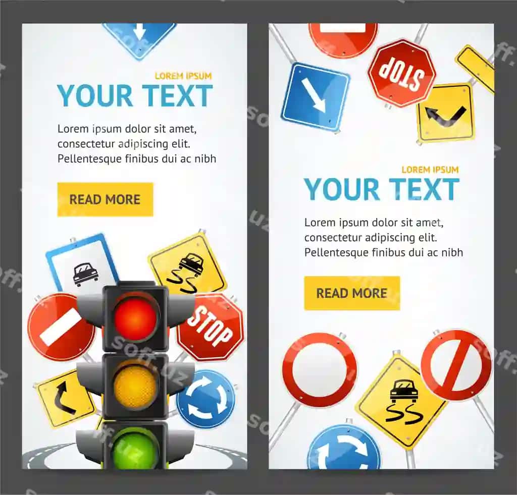 Yo'lni belgisi, haydash maktabi flyer, baner, posterlar, karta komplekti vektor | Road sign drive school flyer banner posters card set vector