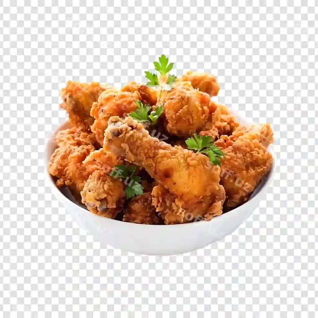 Qatit qovurilgan tovuq chaqmoqi shaffof orqa fonda | Crispy fried chicken bowl transparent background