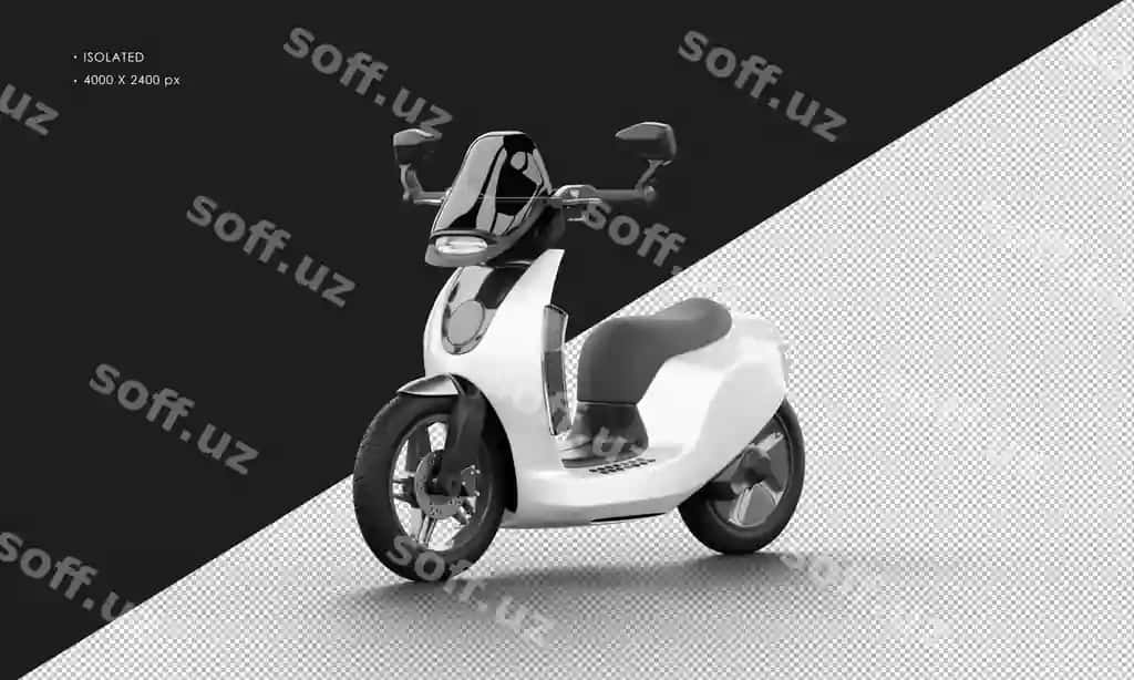 Chapdan izolyatsiyalangan oq metall zamonaviy sport elektr skuteri | Isolated white metallic modern sport electric scooter from left