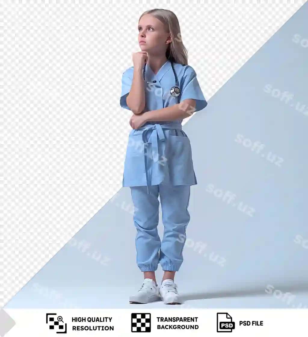 Yosh qiz doktor sifatida kiyilgan, stetoskop o'zida o'ylayotgan. | Young girl dressed as doctor thinking with stethoscope around her