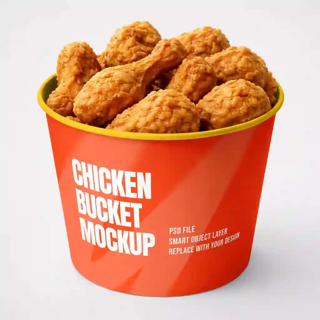 Tovuq barabanlari bilan to'ldirilgan chelakning oq fonidagi maketi | Bucket filled with chicken drumsticks mockup white background