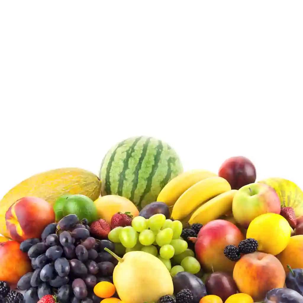 Aralashtirilgan mevalar oq rangda, nusxa ko'chirish joyi bilan chegaralanadi | Border mixed fruits isolated white with copy space