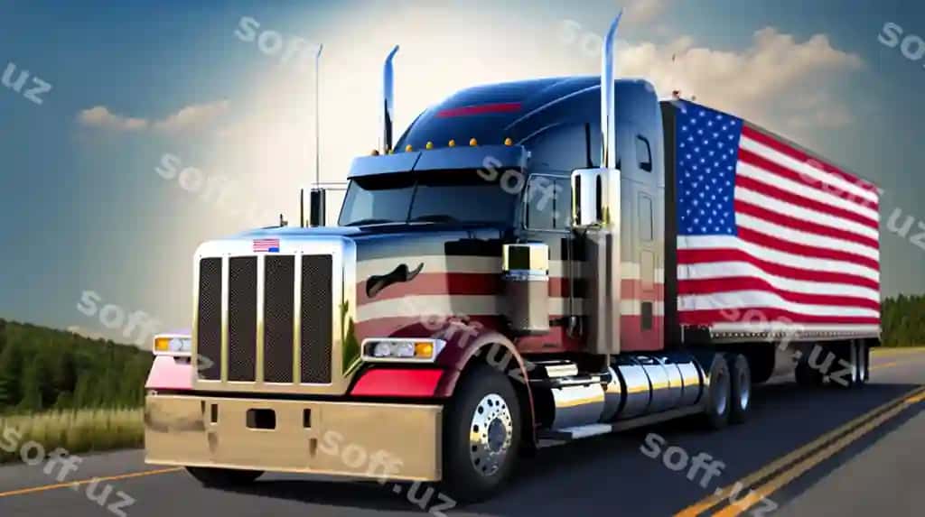 Qizil oq ko'k yuk avtomobili AQSH bayrog'i old tomonga | Red white blue truck with american flag front