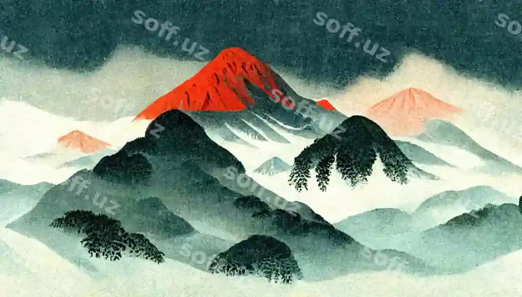 Mavhum san'at tog 'manzarasi akvarel siyoh uslubi Yaponiya tabiat fon 3D illyustratsiya | Abstract art mountain landscape watercolor ink style japan nature background 3d illustration