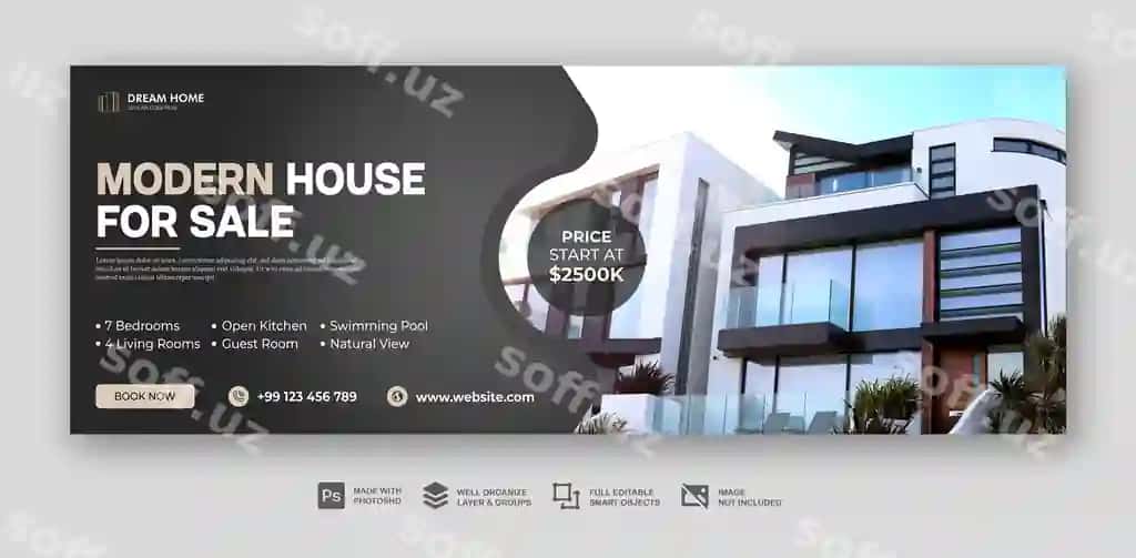 Ko'chmas mulk orqali uy sotish Facebook varaq shabloni | Dream home sale real estate facebook cover template