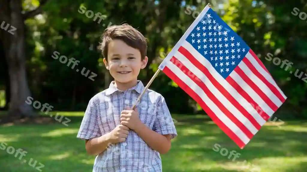 Yosh bola kichik Amerika bayrog'ini qo'llarida tutgan. | Young boy holding small american flag his hands