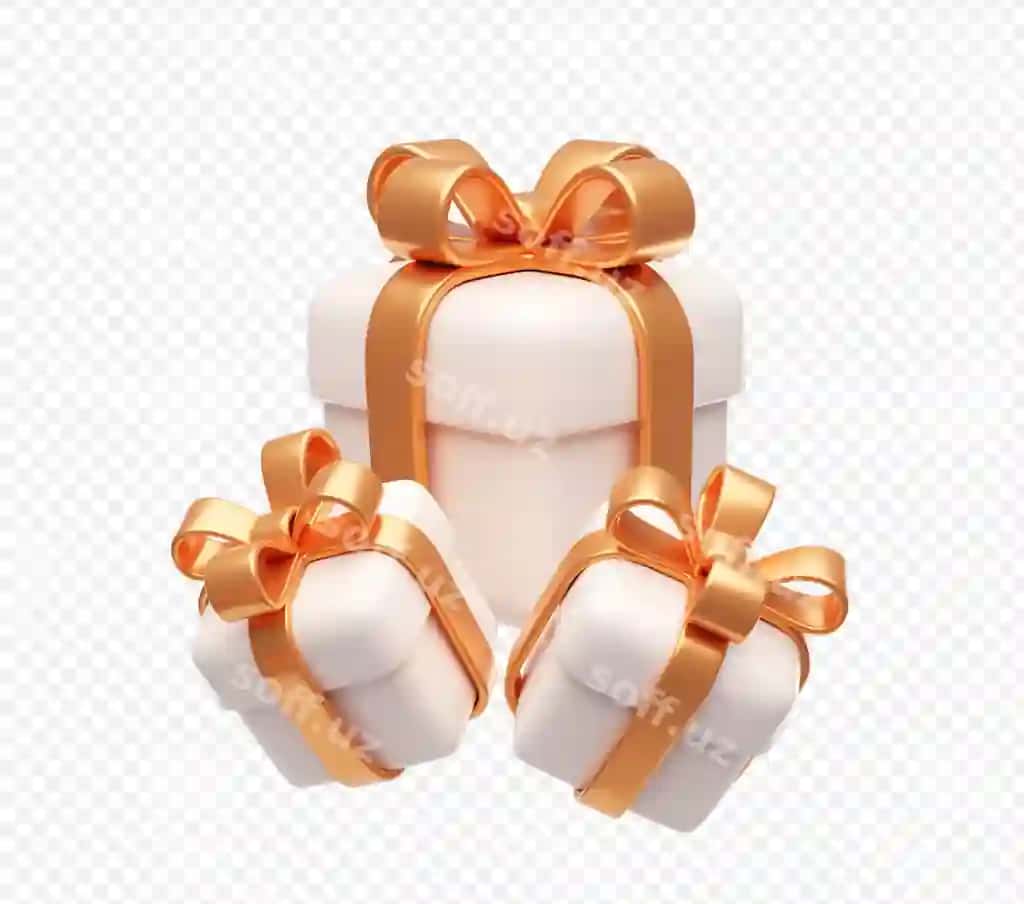 Oq sovg'a qutisi oltin lenda bilan ikon 3d illustratsiya orqa foni | White gift box with gold ribbon icon 3d illustration background