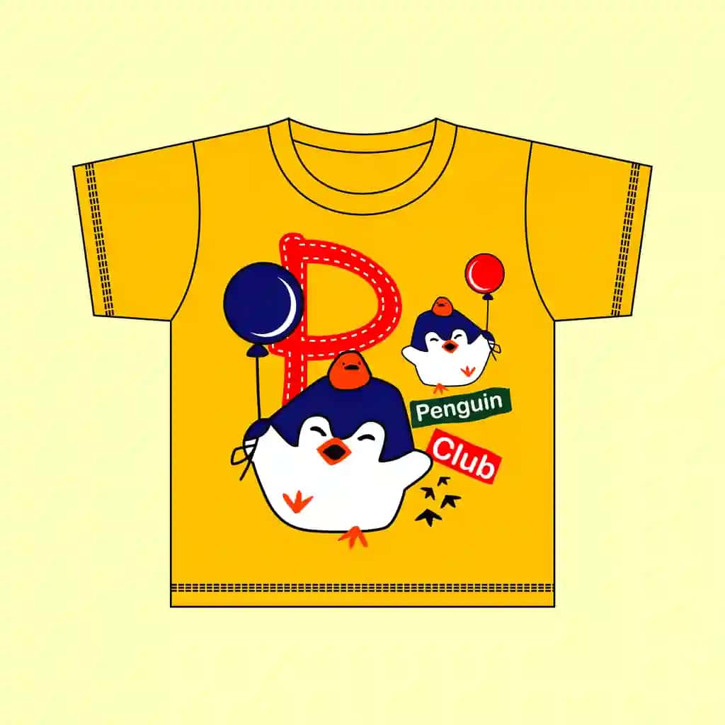 Multfilm pingvinlari dizayndagi p harfi bilan sariq ko'ylak | Yellow shirt with letter p itdesign cartoon penguins