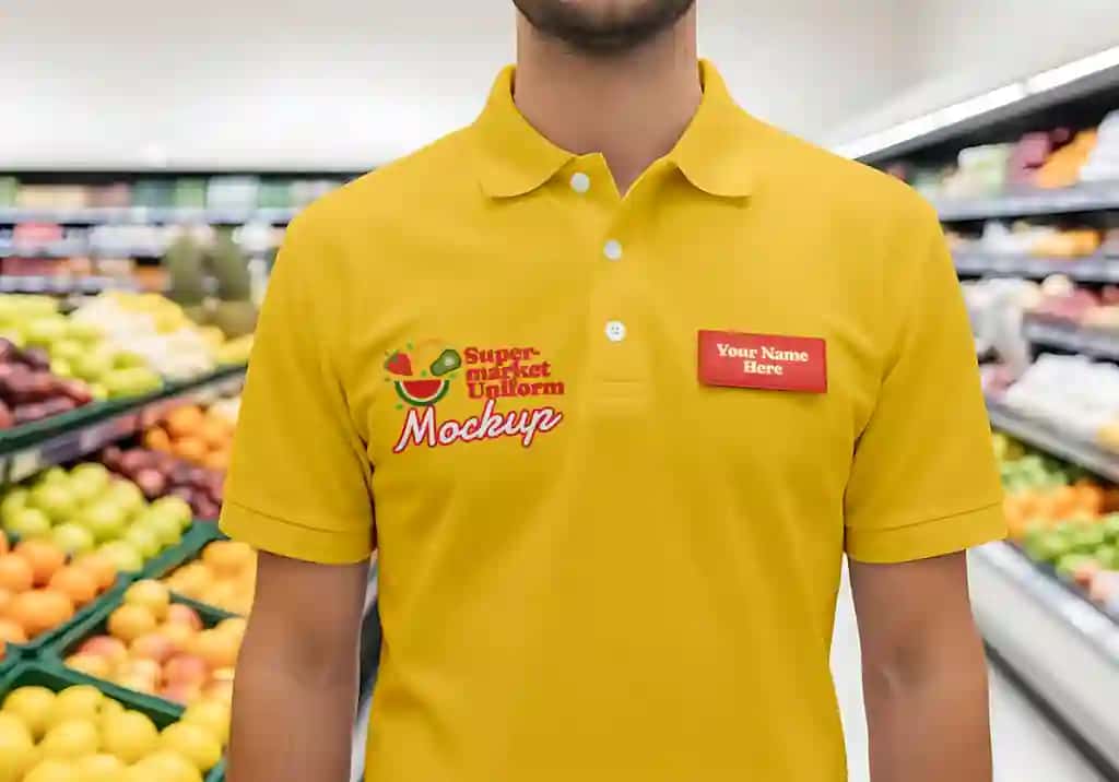 Sariq supermarket polo ko'ylak formasi maketi | Yellow supermarket polo shirt uniform mockup