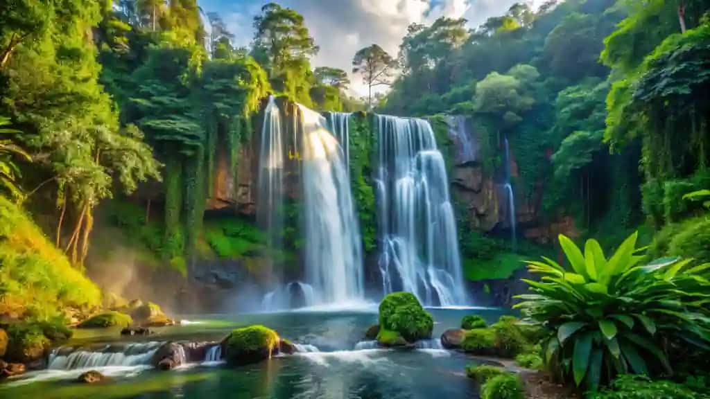 Tropik ko'katlar bilan ulug'vor sharshara, yam-yashil o'rmon 4k hd tabiat manzarasi | Majestic waterfall lush jungle 4k hd nature landscape with tropical greenery