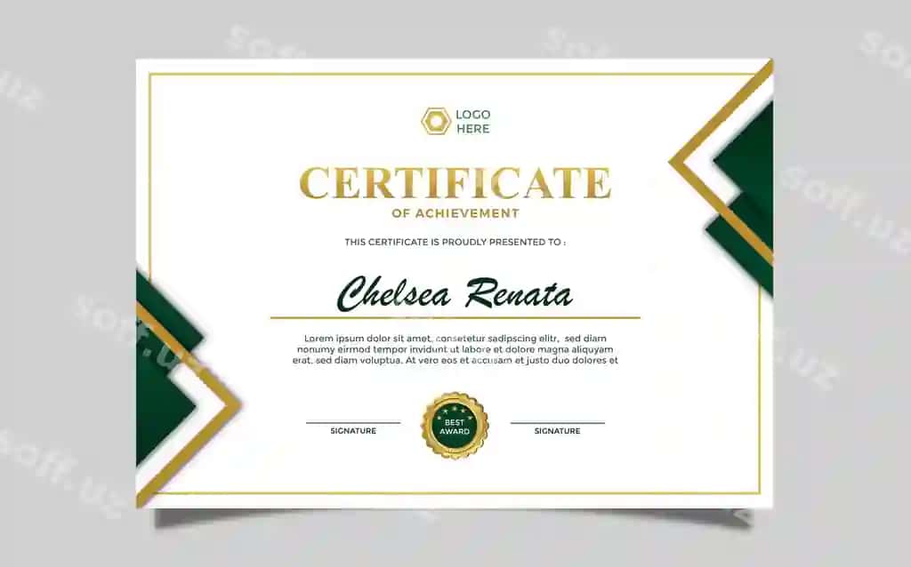 Zamonaviy oddiy sertifikat dizayni a4 hashamatli sertifikat yashil oltin | Modern simple certificate design a4 luxury certificate green gold