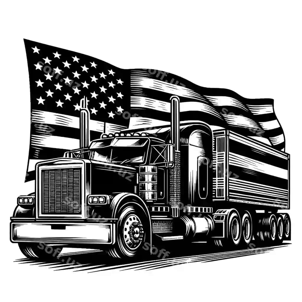 AQSh bayrog'i silueti tushirilgan yuk mashinasi vektor svg fayllari yarim yuk mashinasi svgusa | Truck with usa flag silhouette vector svg files semi truck svgusa