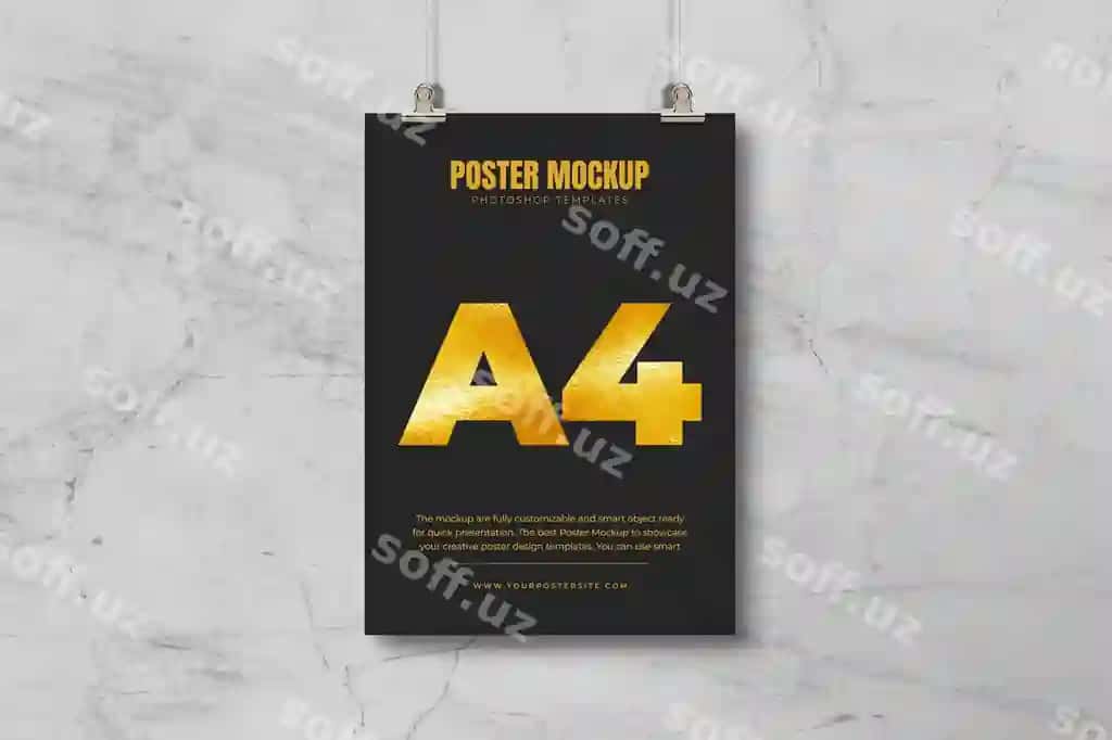 Shinali oltin qora asabli poyezr namunasi beton devor orqa fonda | Shine gold black hanging poster mockup with concrete wall background