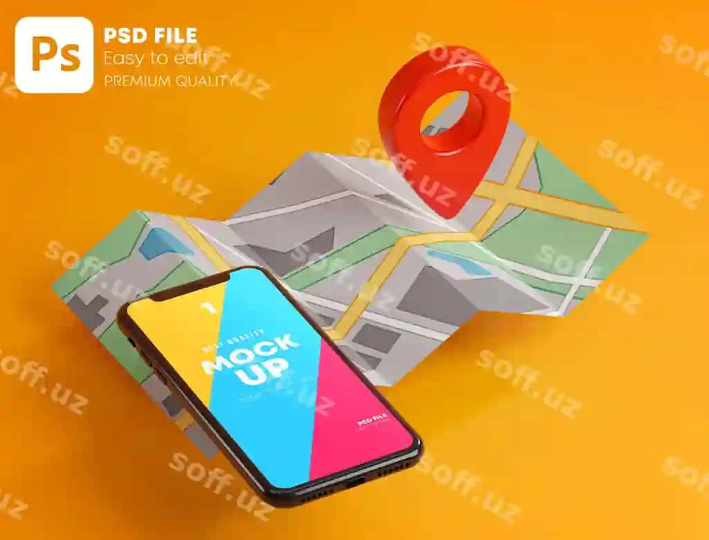 Qizil GPS pin akilliq telefon xarita mockup 3D render | Red gps pin smartphone map mockup 3d rendering