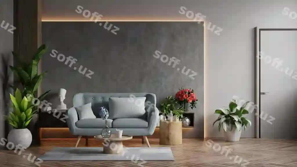 Otaxona loft sanoat stilida ko'k divan va bo'sh beton devor 3d render | Living room loft industrial style with blue sofa empty concrete wall 3d rendering