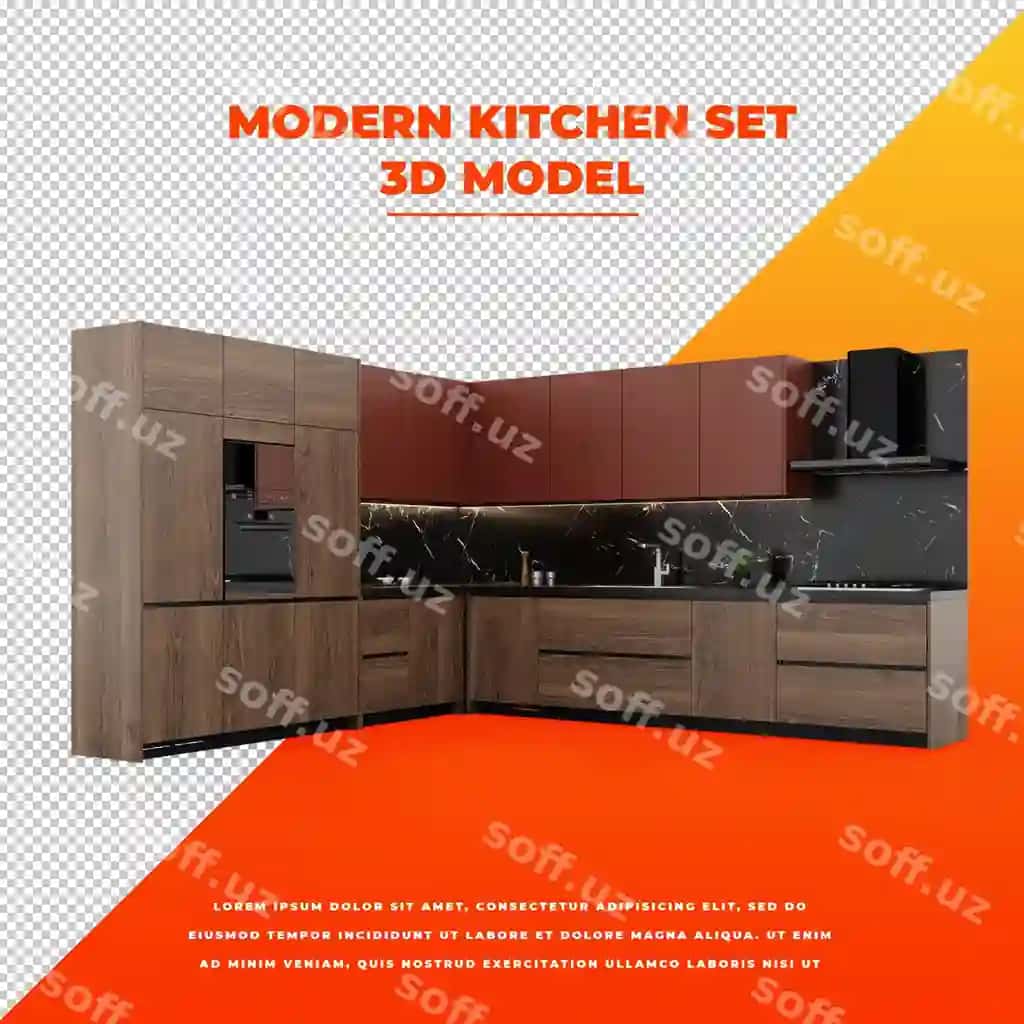 Zamonaviy yumshoqlı va marblli oshxona komplekti 3D ajraltirilgan model | Modern wooden with marble kitchen set 3d isolated model