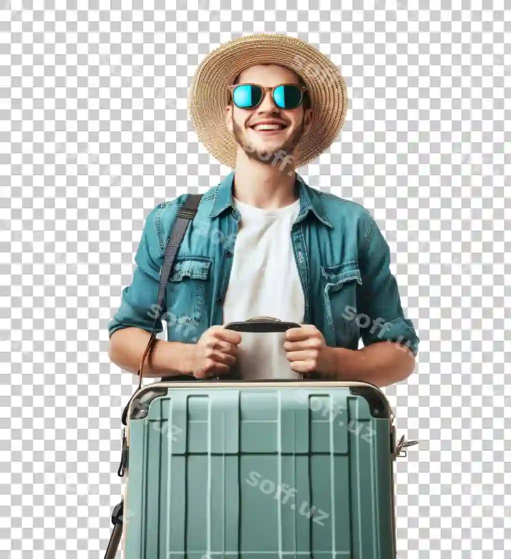 Baxtli turist bilan ko'z qoplari katta valiza ajraltirilgan shaffof | Happy tourist with sunglasses large suitcase isolated transparent
