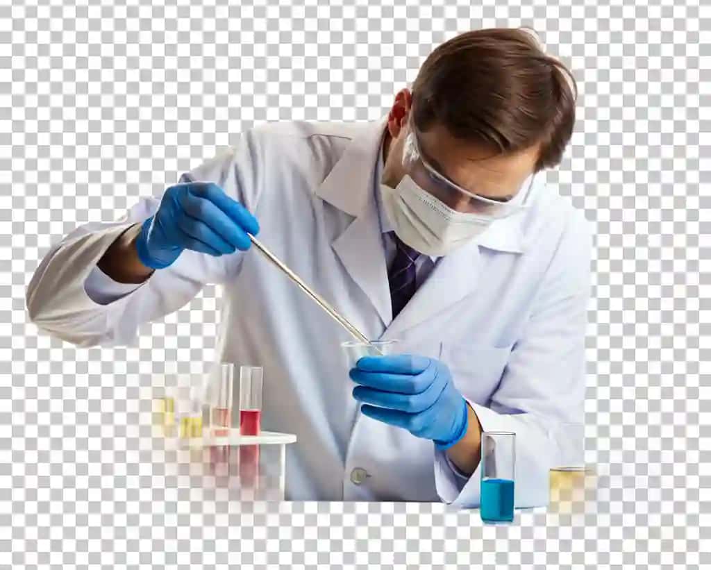 Olim laboratoriya shaffof fonida tajriba o'tkazmoqda | Scientist conducting experiments laboratory transparent background