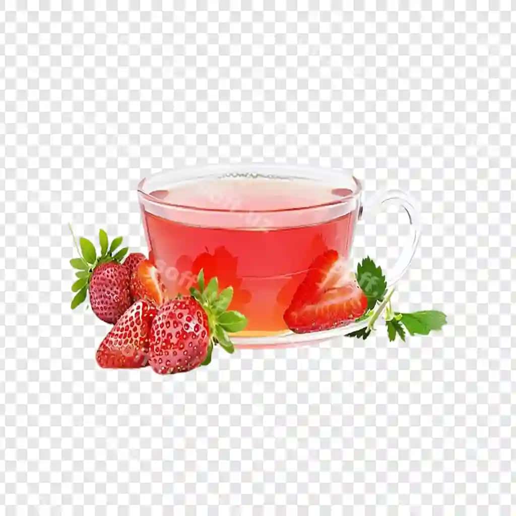 Shaffof fonda qulupnay barglari bilan stakan choy | Glass cup tea with strawberries leaves transparent background