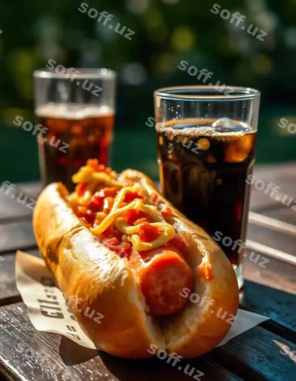 Hot dog tovar ovqat ikki stakan soda bilan | Hot dog plate food with two glasses soda