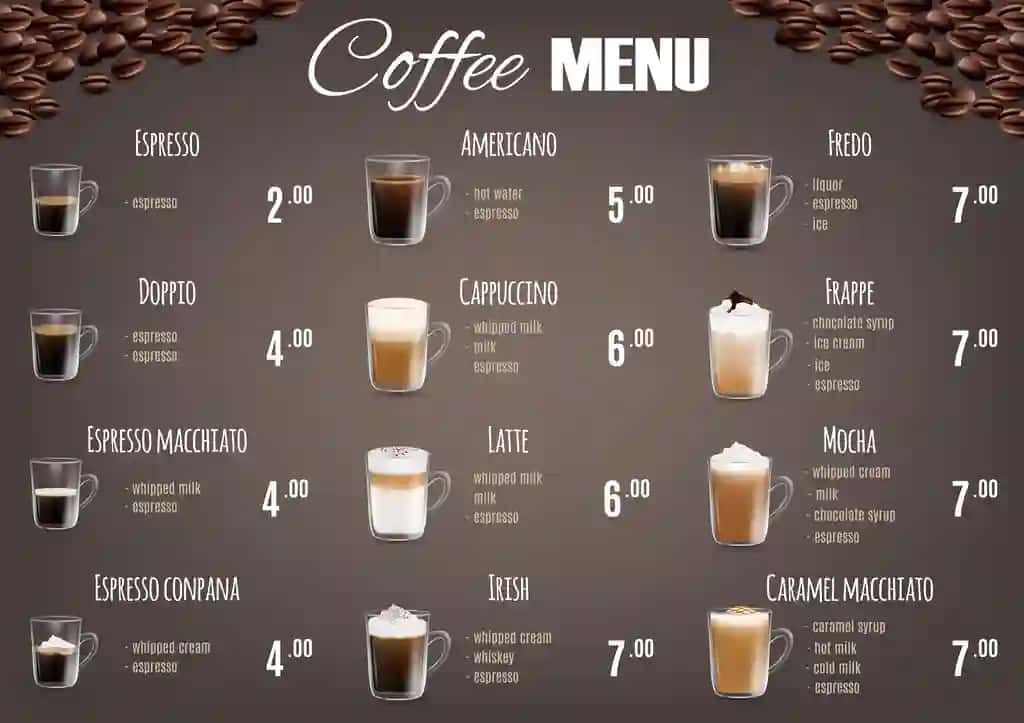 Kofe ichimliklar menyusi narxlari ro'yxati vektor shabloni | Coffee drinks menu price list vector template