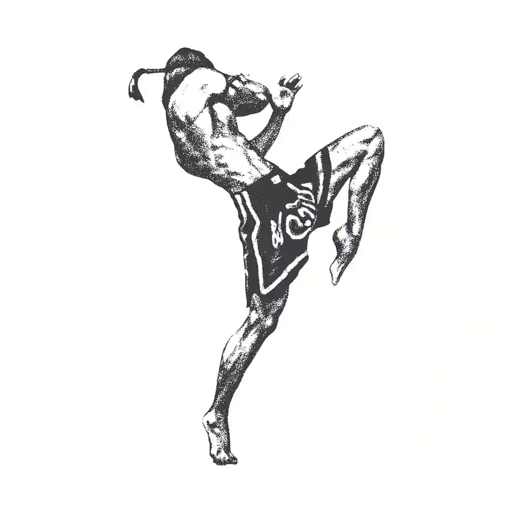 Muay tay jangchisi kuchli retro fotokopiya effektini bajarmoqda | Muay thai fighter executing powerful high kick retro photocopy effect