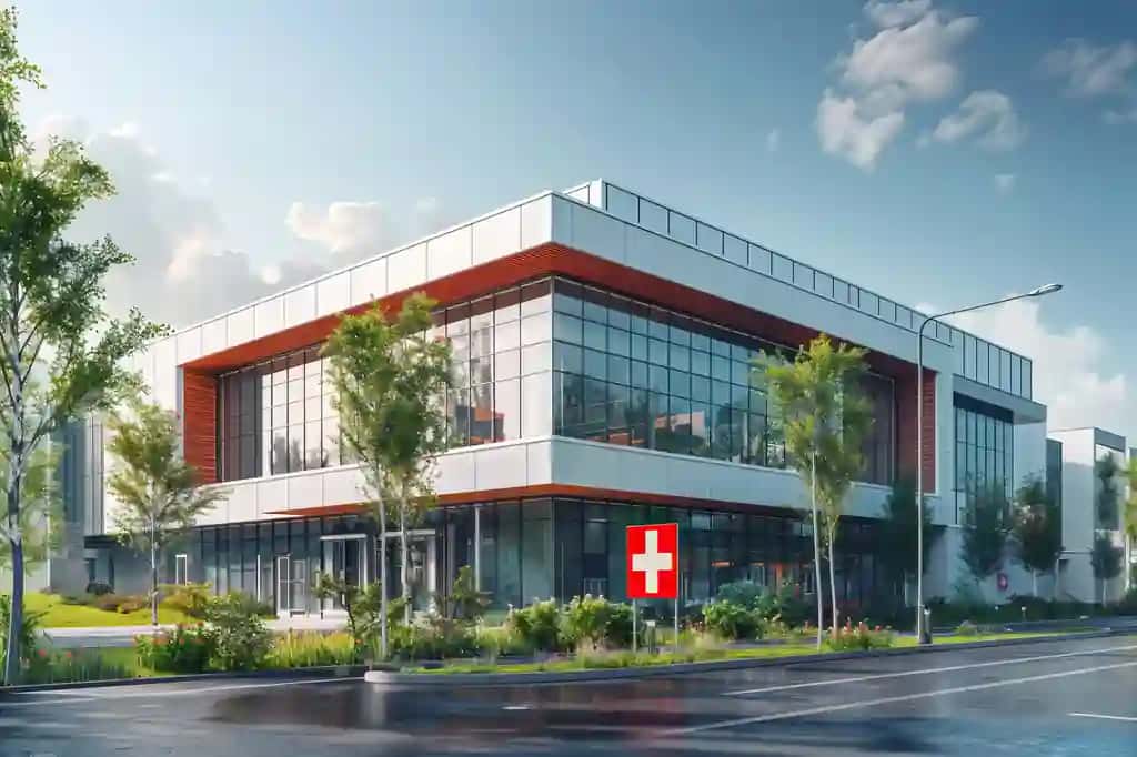Qizil xoch bilan tashqarida yangi zamonaviy xususiy shifoxona binosi | New modern private hospital building outside with red cross