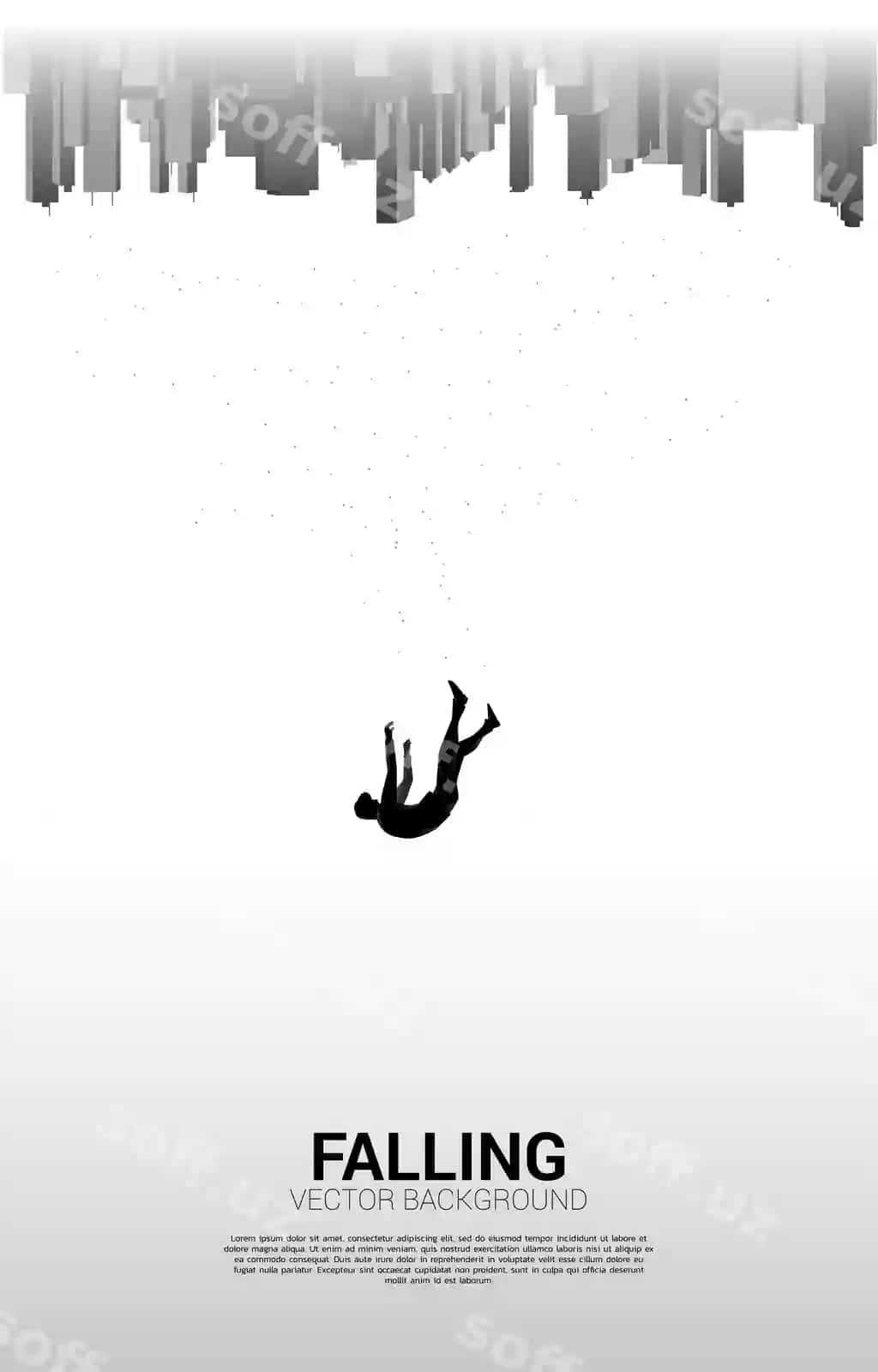 Osmondan qulayotgan odam katta shahar tushunchasi, yolg'iz o'zini katta muvaffaqiyatsizlikka uchraganini his qiladi | Falling man from sky big city concept feeling alone failing big