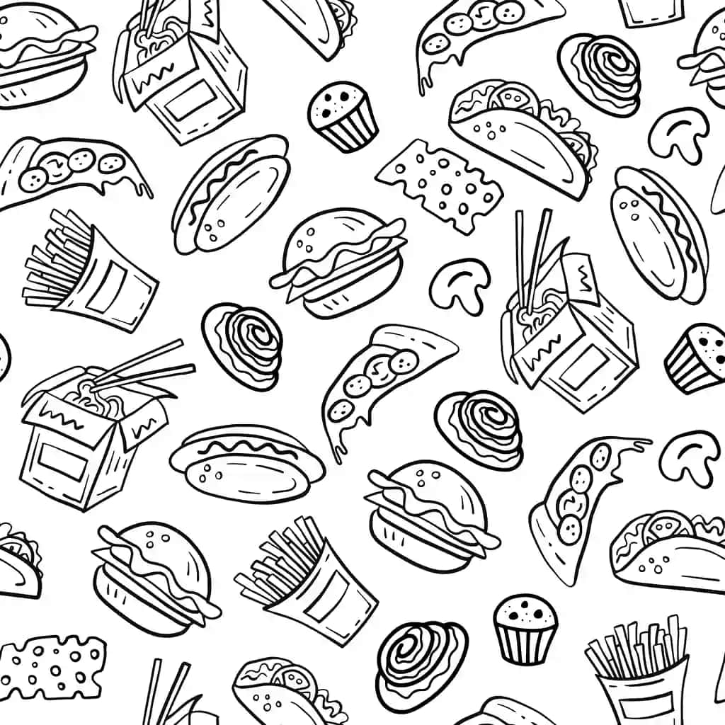 Doodle tez ovqatlanish vektori choksiz naqsh | Doodle fast food vector seamless pattern