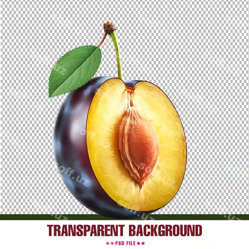 Taze olcha kesilgan yarisi shaffof orqa fonda psd | Fresh plum with cut half transparent background psd