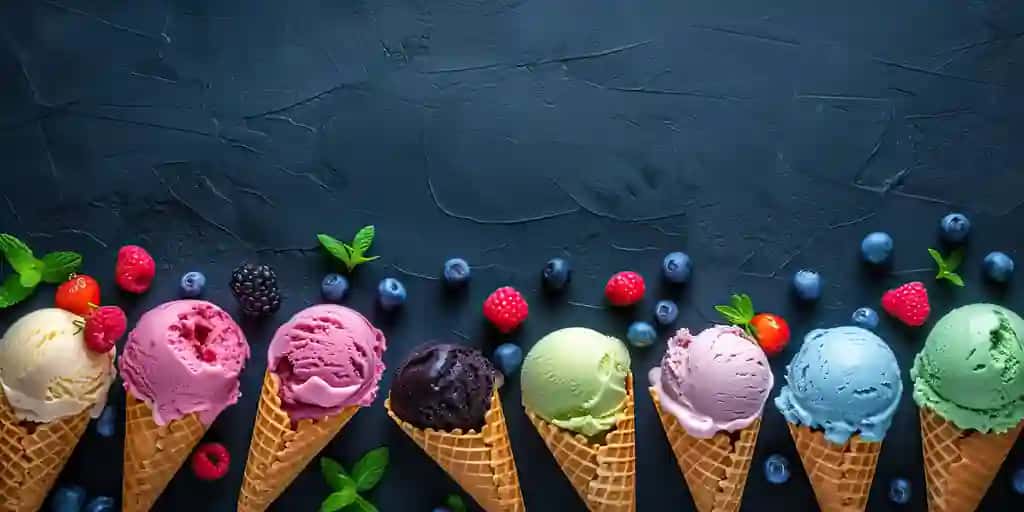 Turli xil lazzatli muzqaymoqlar quyuq fon tepadan ko'rinishx9 | Different flavours ice cream cones dark background top viewx9