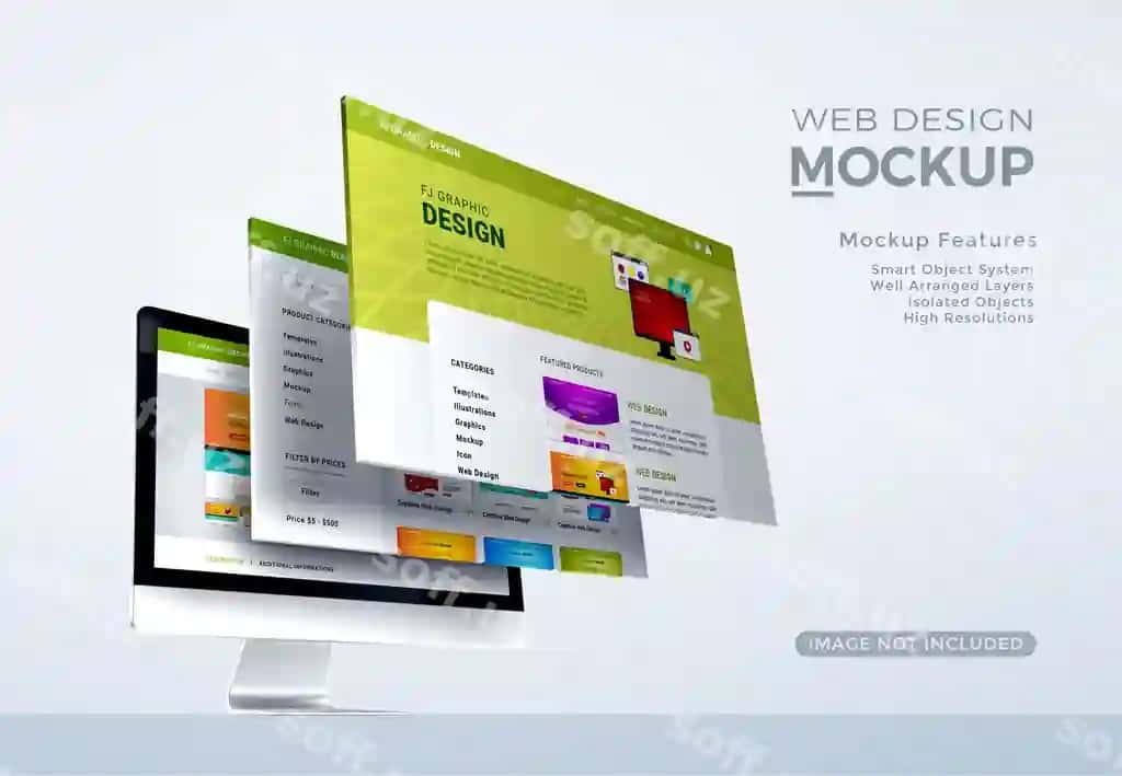 3D ekranli veb-dizayn maketi bilan ish stoli | Desktop with 3d screen web design mockup