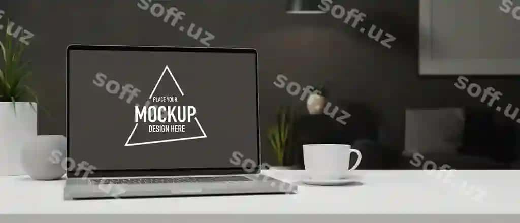 Noutbuk maket ekranli oq stol, stakan bezaklari | Laptop with mockup screen white table with cup decorations