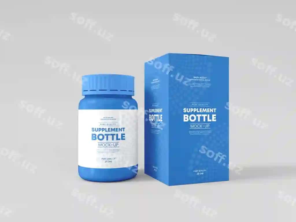 Plastik qo'shimta shishasi qutida namuna | Plastic supplement bottle with box mockup