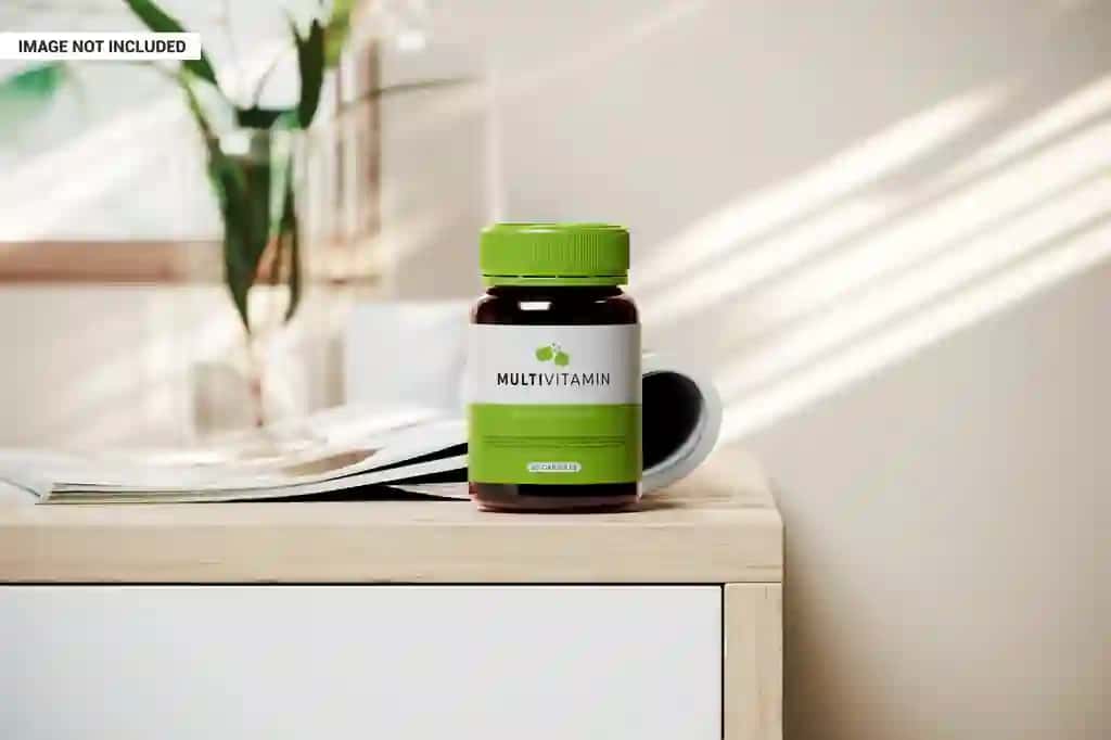 Vitaminli stol maketi bilan shisha | Bottle with vitamins table mockup