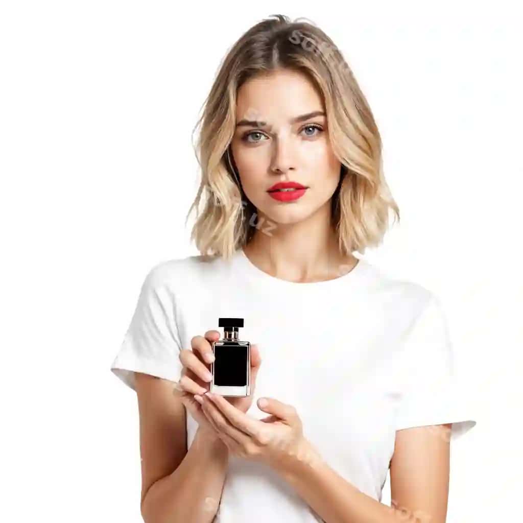 Qo'lida qora parfyum tutgan uzun to'lqinli sariq sochli yosh kavkaz ayol | Young caucasian woman with long wavy blonde hair holding black perfume