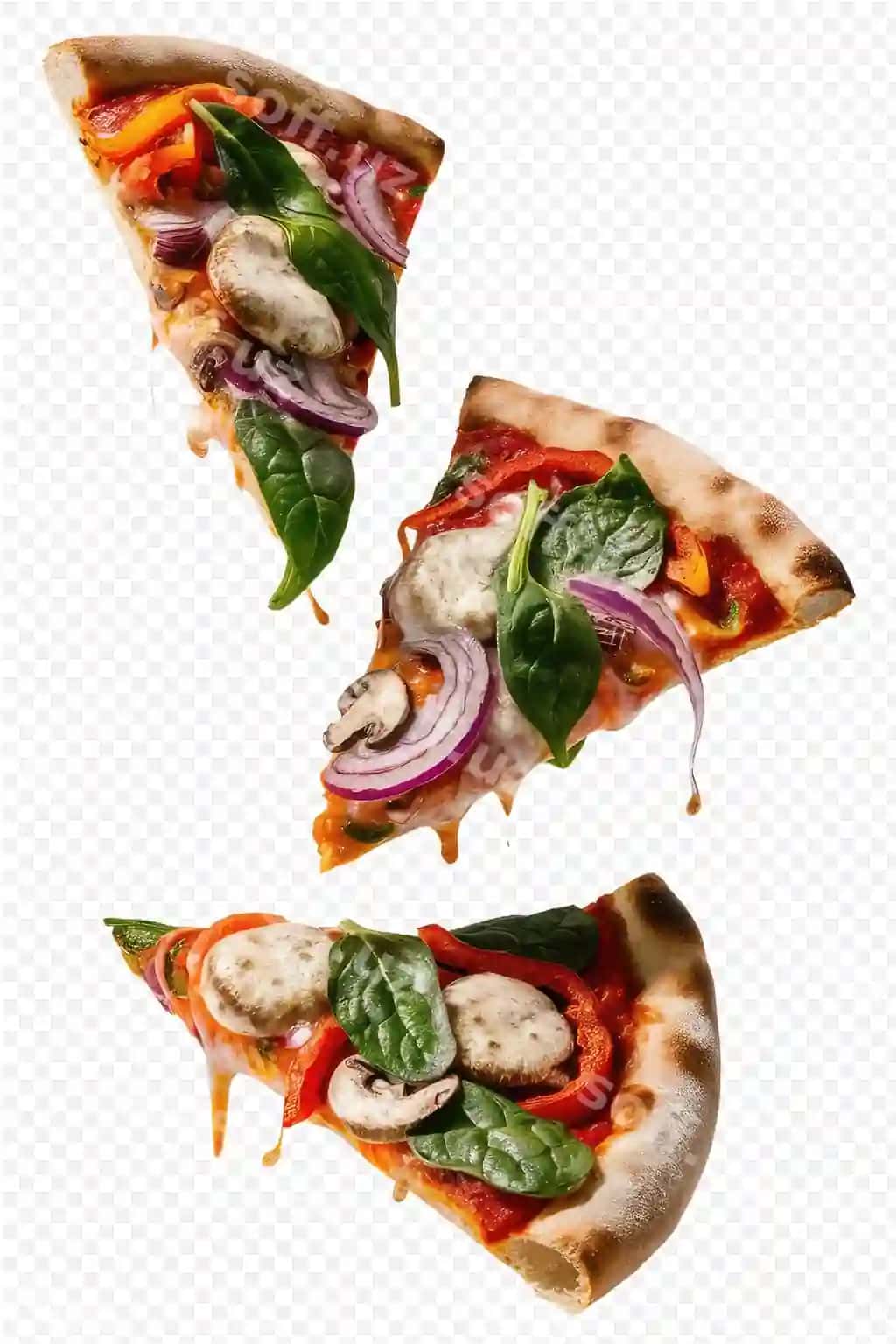 Turli toppinglar bilan pizzani kesish, yuqoridagi qismda "sosis" so'zi yozilgan. | Slice pizza with different toppings top one has word sausage it