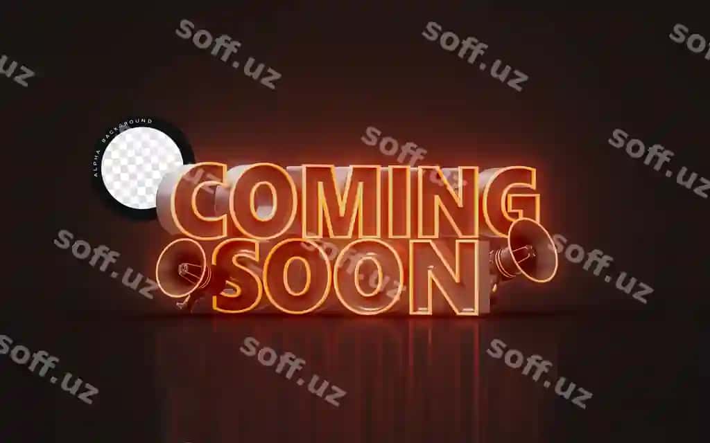 Tez keladi e'loni megafon neon yorqin yorug'lik 3D render | Coming soon announcement with megaphone neon glowing light 3d render