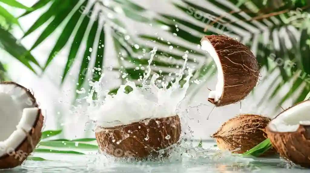 Kokos ochilgan, sut chiqib, palm choylari atrofida. | Coconut split open with splash milk surrounded by palm leaves