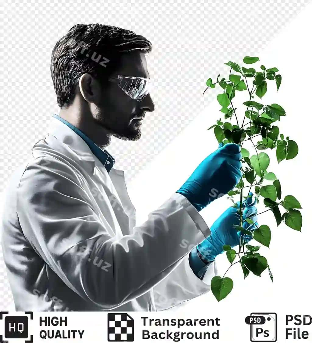 Ilmiy fan laboratoriya kostumida o'simlikni aniq ko'rib chiqmoqda, himoyaviy kiyimni kiygan holda. | Scientist lab coat carefully examining plant while wearing protective