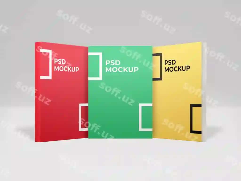 Realistik 3 ta kitobning yumshoq muqovali maketi old ko'rinishi | Realistic 3 book softcover mockup front view