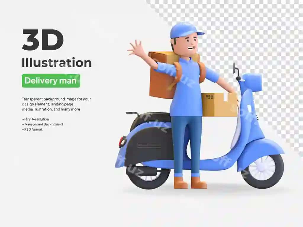 Ko'k kostyum kuryer bosh o'yin kiygan skuterda tirgarishgan paket yetkazadi. | Blue uniform courier wearing cap riding scooter deliver package