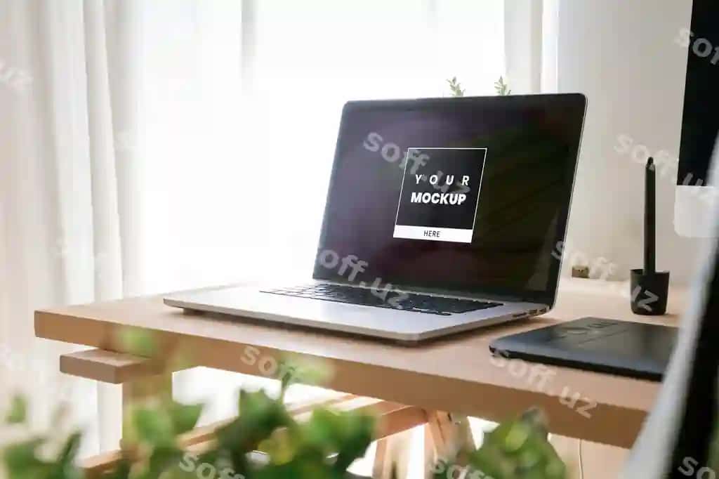 Noutbuk maketi deraza yonida yog'och stol | Laptop mockup wooden desk by window